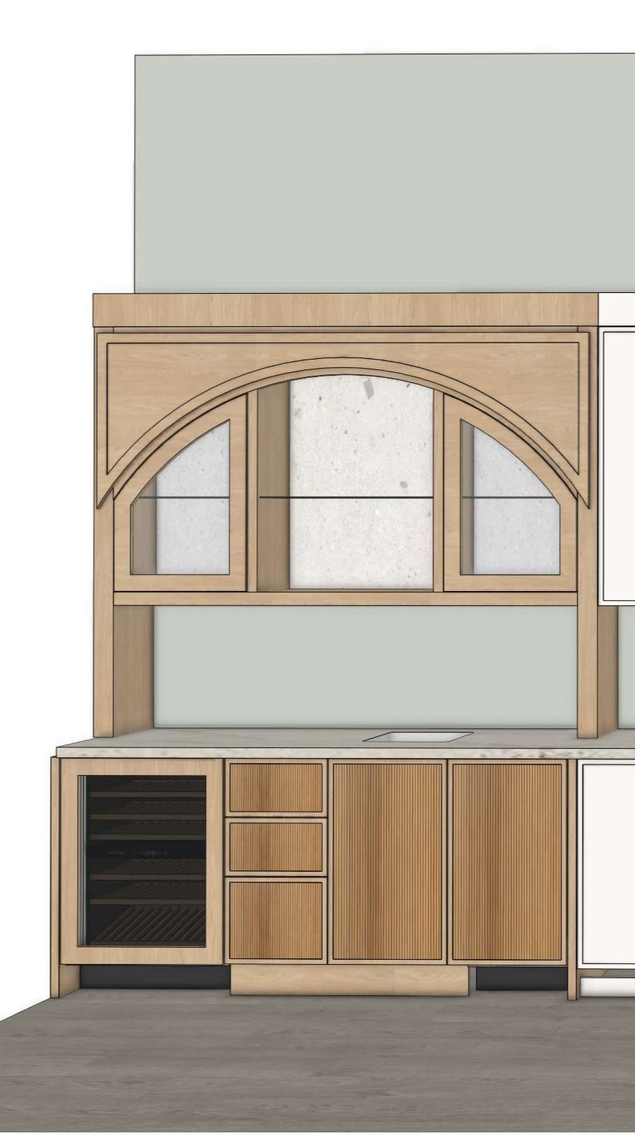 3D rendering of the wet bar showing arched millwork and shelving