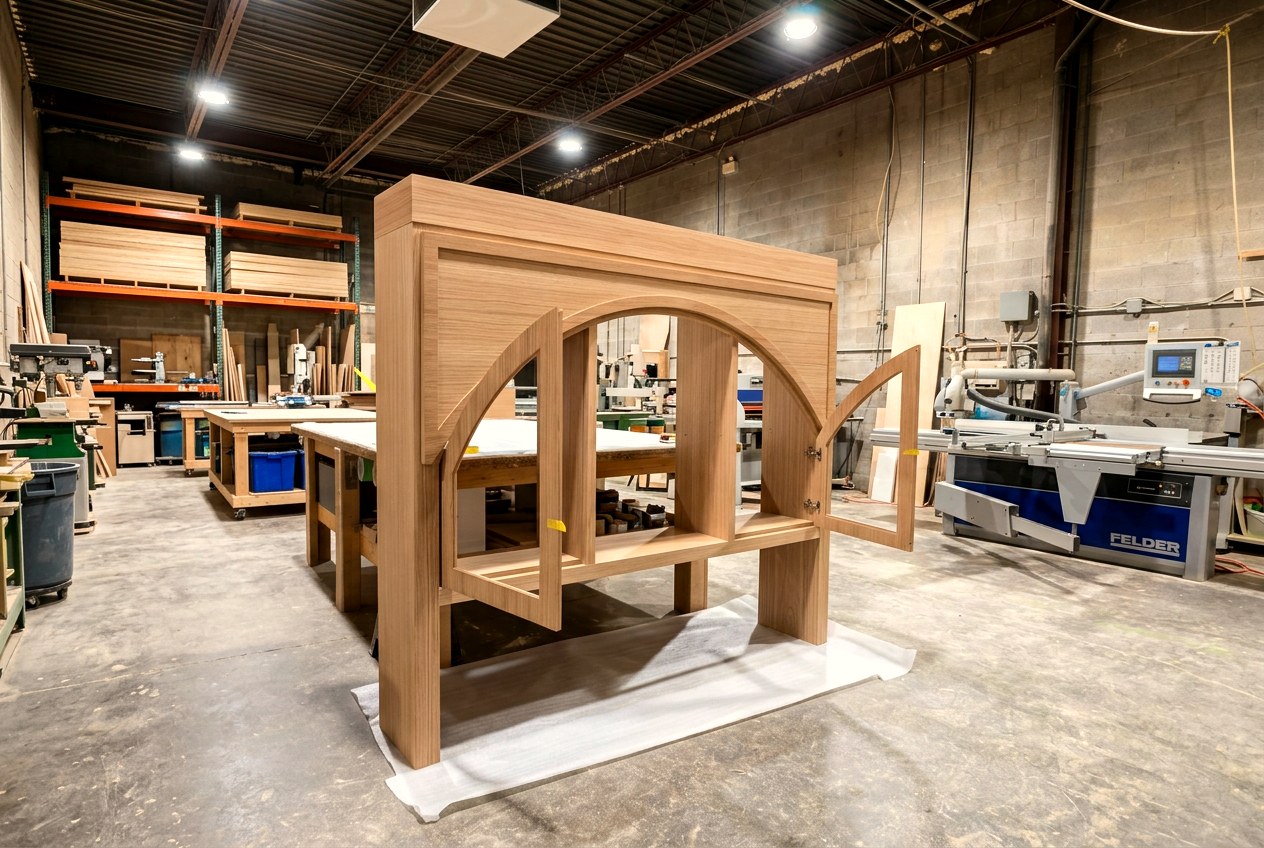 Arched white oak bar cabinet under construction in the workshop